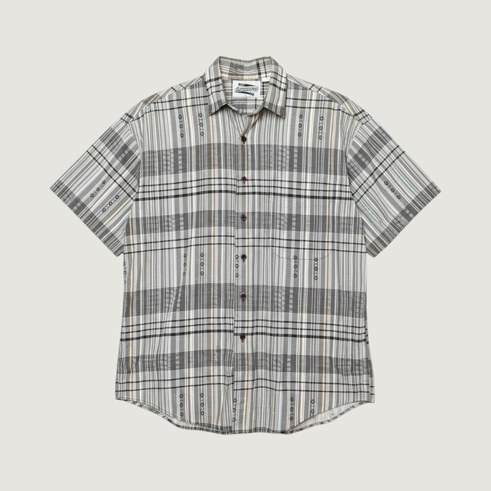 Expressions Men Large Short Sleeve Cotton Plaid Geometric Button Down Shirt Gray